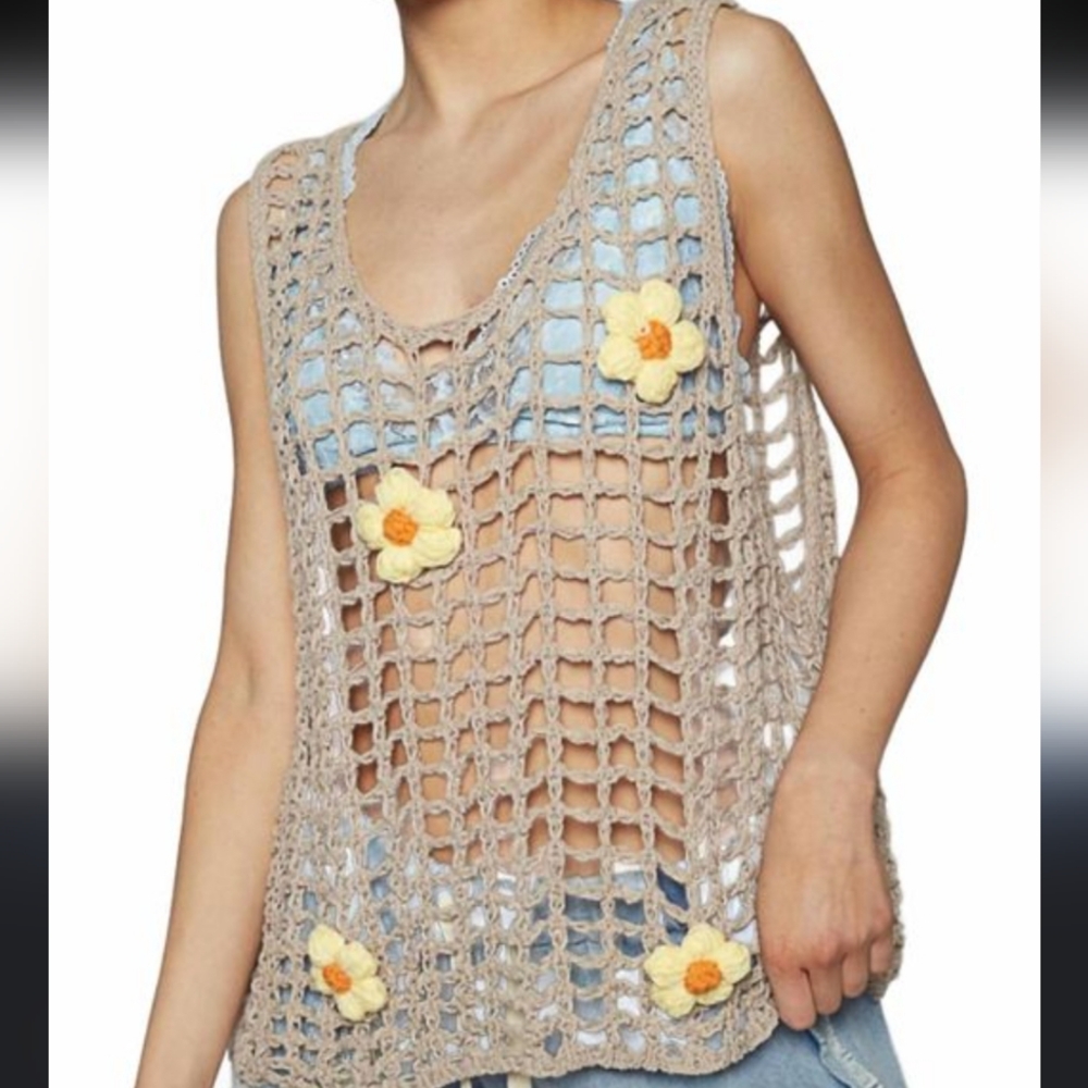 POL Crochet Knit Tank Top Tan/Yellow Size M - Picture 2 of 7
